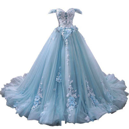 Off-The-Shoulder Sky Blue Tulle Ball Gown Dress