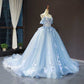 Off-The-Shoulder Sky Blue Tulle Ball Gown Dress