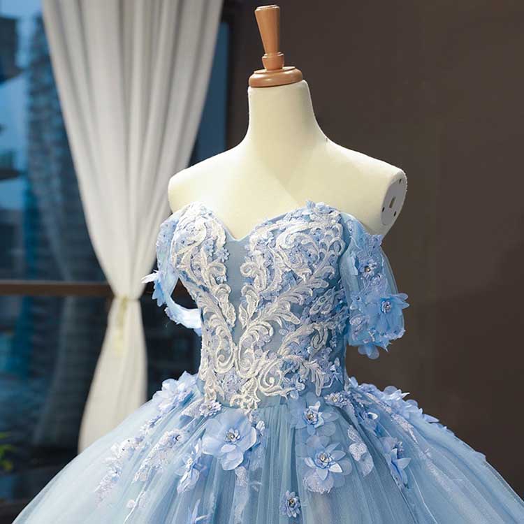 Off-The-Shoulder Sky Blue Tulle Ball Gown Dress