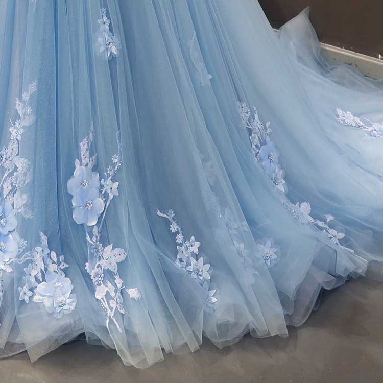 Off-The-Shoulder Sky Blue Tulle Ball Gown Dress