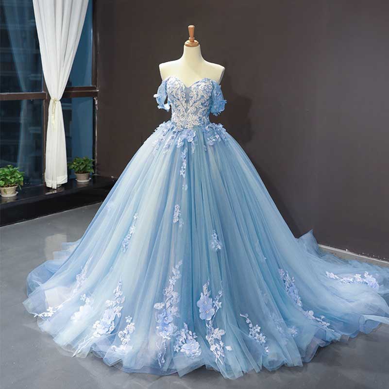 Off-The-Shoulder Sky Blue Tulle Ball Gown Dress