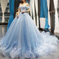 Off-The-Shoulder Sky Blue Tulle Ball Gown Dress