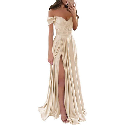 Off Satin Off The Shoulder Bridesmaid Dresses Split A Line Formal Evening Party Gown