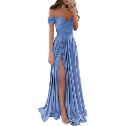 Off Satin Off The Shoulder Bridesmaid Dresses Split A Line Formal Evening Party Gown