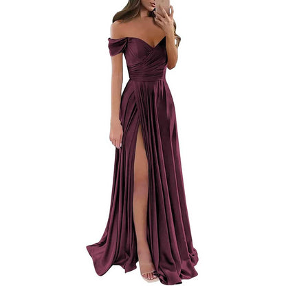 Off Satin Off The Shoulder Bridesmaid Dresses Split A Line Formal Evening Party Gown
