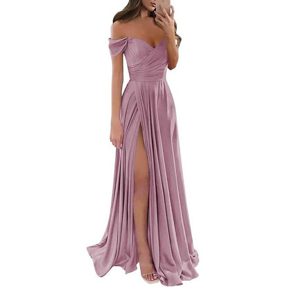 Off Satin Off The Shoulder Bridesmaid Dresses Split A Line Formal Evening Party Gown