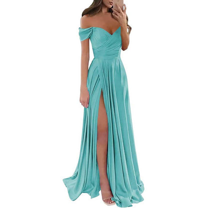 Off Satin Off The Shoulder Bridesmaid Dresses Split A Line Formal Evening Party Gown