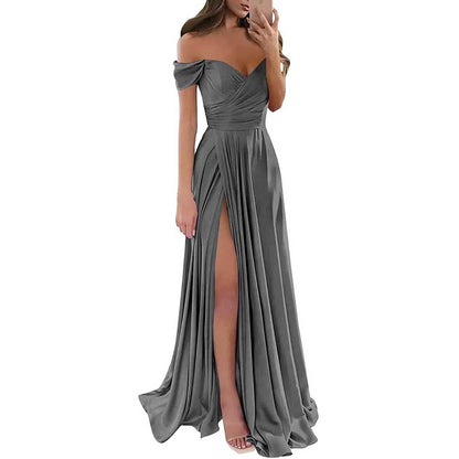 Off Satin Off The Shoulder Bridesmaid Dresses Split A Line Formal Evening Party Gown