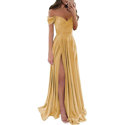 Off Satin Off The Shoulder Bridesmaid Dresses Split A Line Formal Evening Party Gown