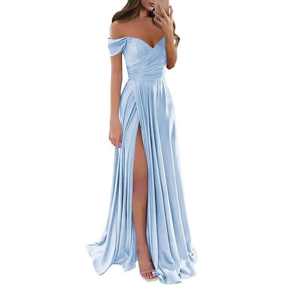 Off Satin Off The Shoulder Bridesmaid Dresses Split A Line Formal Evening Party Gown