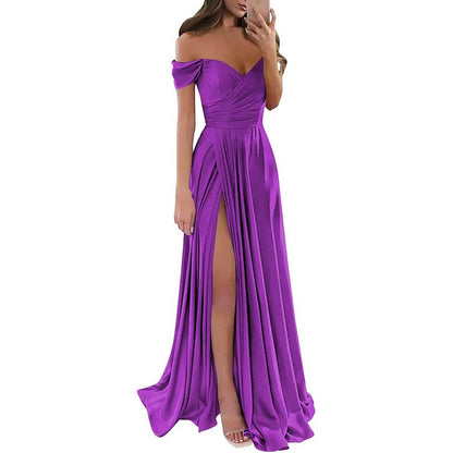 Off Satin Off The Shoulder Bridesmaid Dresses Split A Line Formal Evening Party Gown