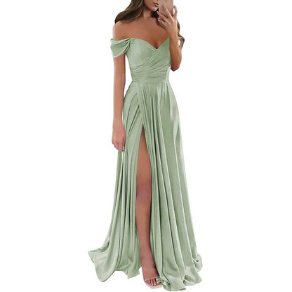 Off Satin Off The Shoulder Bridesmaid Dresses Split A Line Formal Evening Party Gown