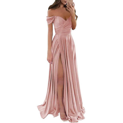 Off Satin Off The Shoulder Bridesmaid Dresses Split A Line Formal Evening Party Gown