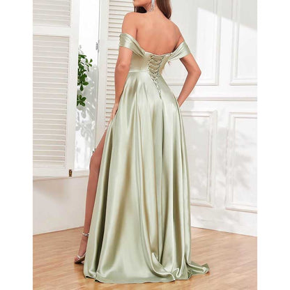 Off Satin Off The Shoulder Bridesmaid Dresses Split A Line Formal Evening Party Gown