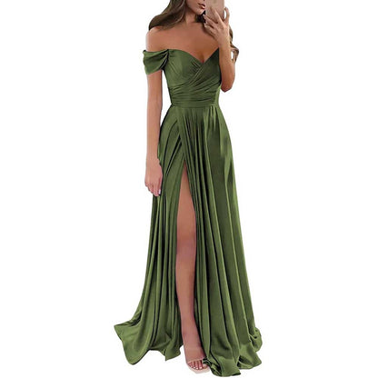 Off Satin Off The Shoulder Bridesmaid Dresses Split A Line Formal Evening Party Gown