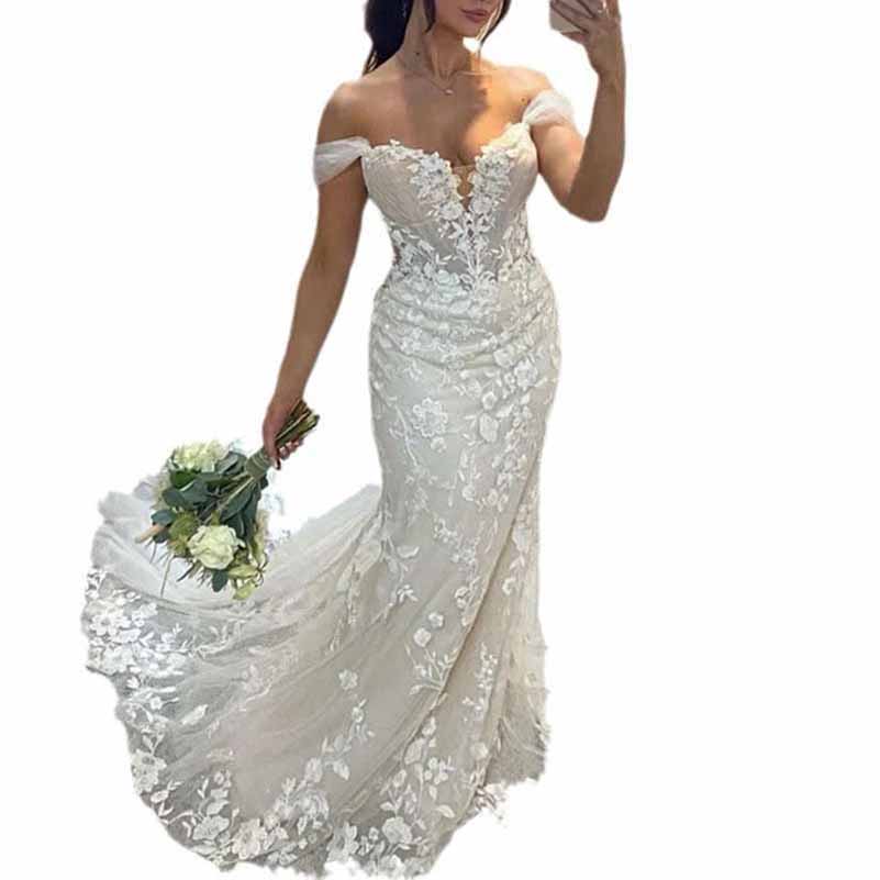 Off Shoulder Lace Mermaid Wedding Dresses Bridal Ball Gown with Train