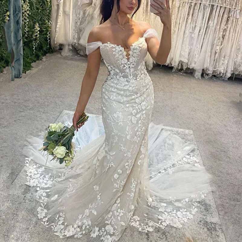 Off Shoulder Lace Mermaid Wedding Dresses Bridal Ball Gown with Train