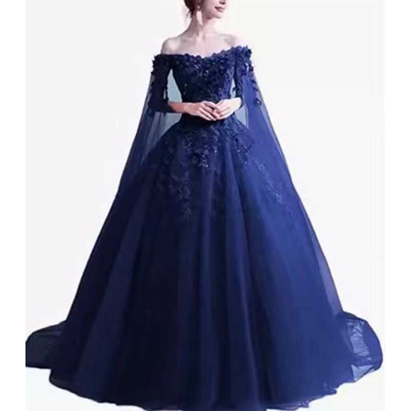 Off Shoulder Long Floral Lace Beaded Prom Wedding Dresses with Cape