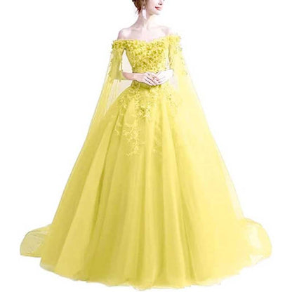 Off Shoulder Long Floral Lace Beaded Prom Wedding Dresses with Cape