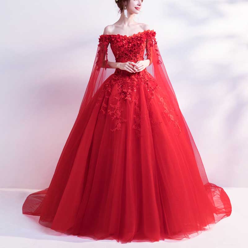 Off Shoulder Long Floral Lace Beaded Prom Wedding Dresses with Cape