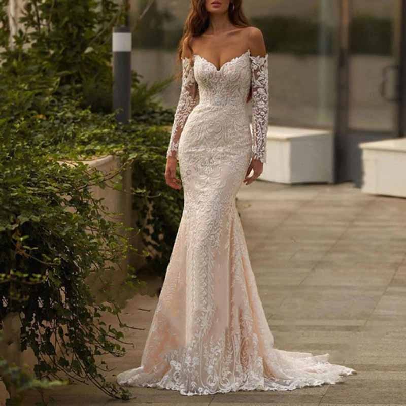 Off Shoulder Long Sleeve Lace Mermaid Wedding Dress Beach Gown