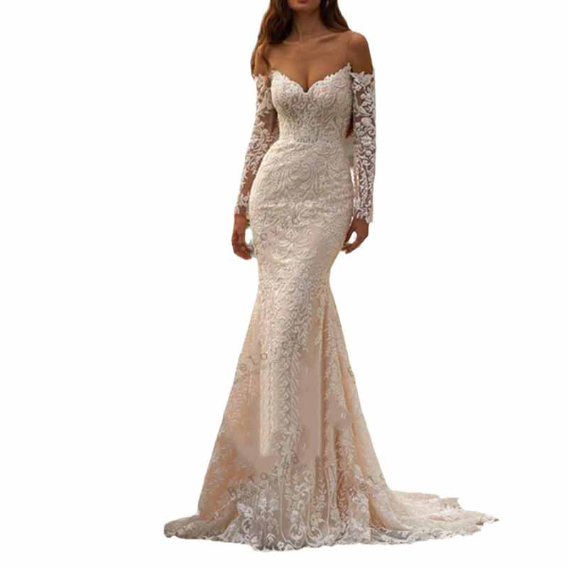 Off Shoulder Long Sleeve Lace Mermaid Wedding Dress Beach Gown