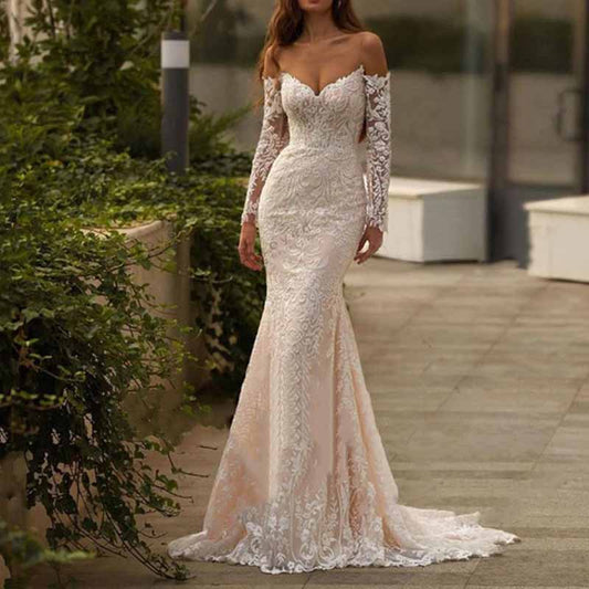 Off Shoulder Long Sleeve Lace Mermaid Wedding Dress Beach Gown