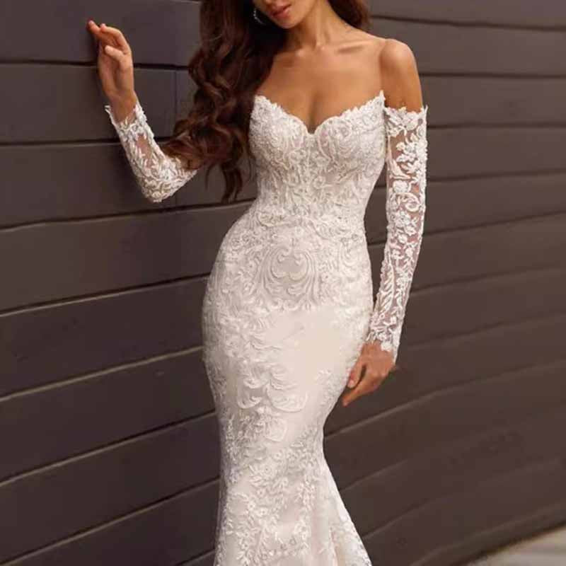 Off Shoulder Long Sleeve Lace Mermaid Wedding Dress Beach Gown