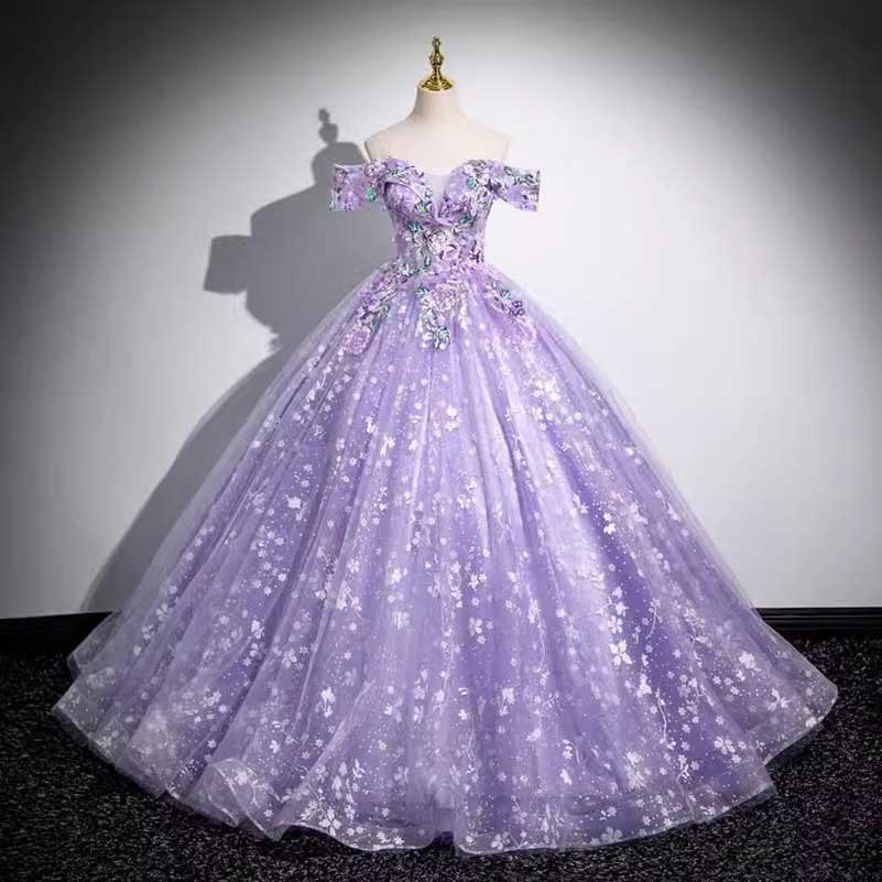 Off Shoulder Purple Tulle Lace Sweetheart Party Dress Long Prom Dress