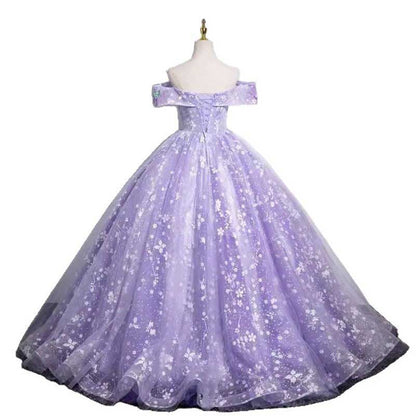 Off Shoulder Purple Tulle Lace Sweetheart Party Dress Long Prom Dress