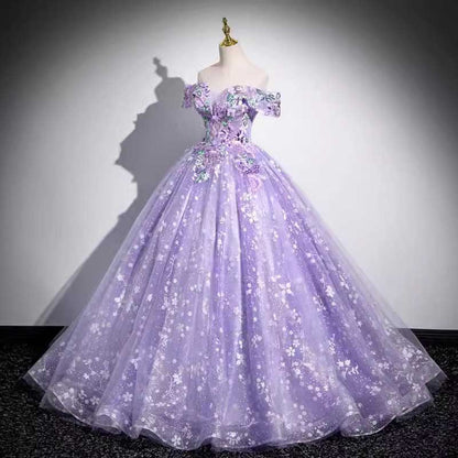 Off Shoulder Purple Tulle Lace Sweetheart Party Dress Long Prom Dress