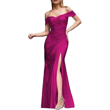 Off Shoulder Satin Bridesmaid Dresses Mermaid Prom Dress High Split Wedding Ball Gowns