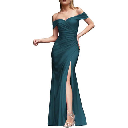 Off Shoulder Satin Bridesmaid Dresses Mermaid Prom Dress High Split Wedding Ball Gowns