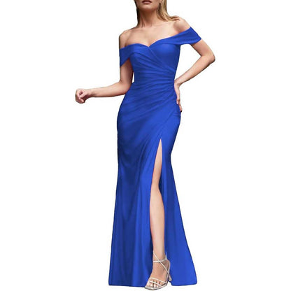 Off Shoulder Satin Bridesmaid Dresses Mermaid Prom Dress High Split Wedding Ball Gowns