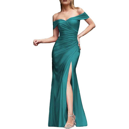 Off Shoulder Satin Bridesmaid Dresses Mermaid Prom Dress High Split Wedding Ball Gowns
