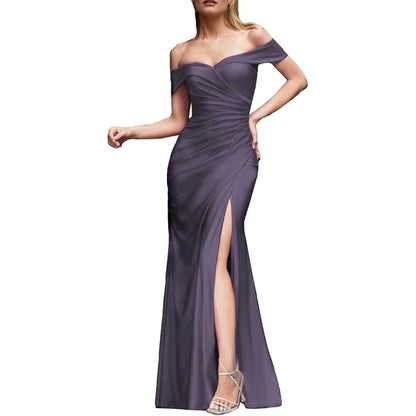 Off Shoulder Satin Bridesmaid Dresses Mermaid Prom Dress High Split Wedding Ball Gowns