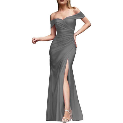 Off Shoulder Satin Bridesmaid Dresses Mermaid Prom Dress High Split Wedding Ball Gowns