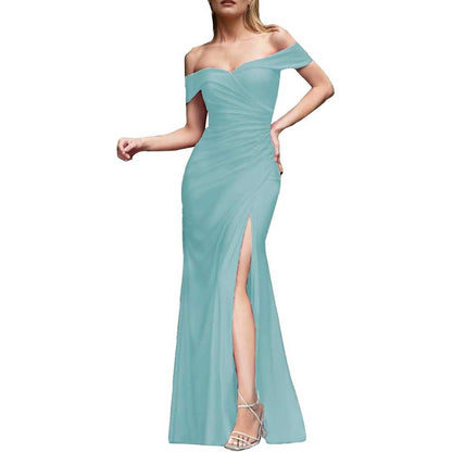 Off Shoulder Satin Bridesmaid Dresses Mermaid Prom Dress High Split Wedding Ball Gowns