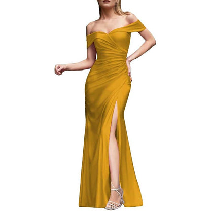 Off Shoulder Satin Bridesmaid Dresses Mermaid Prom Dress High Split Wedding Ball Gowns