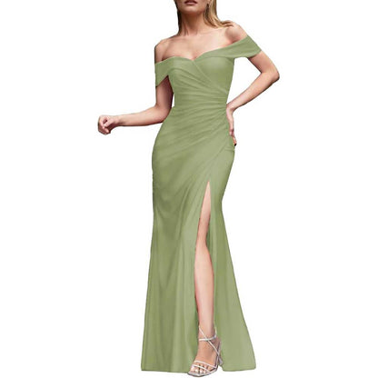 Off Shoulder Satin Bridesmaid Dresses Mermaid Prom Dress High Split Wedding Ball Gowns