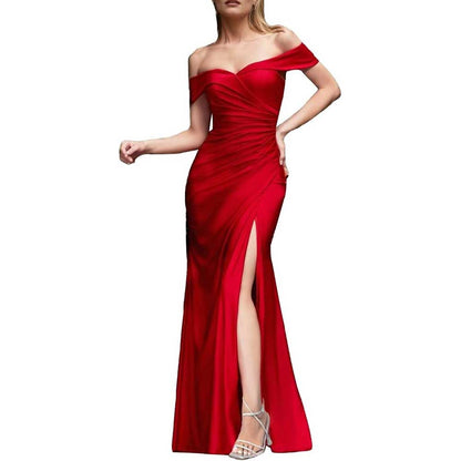 Off Shoulder Satin Bridesmaid Dresses Mermaid Prom Dress High Split Wedding Ball Gowns