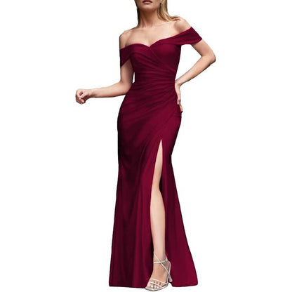 Off Shoulder Satin Bridesmaid Dresses Mermaid Prom Dress High Split Wedding Ball Gowns