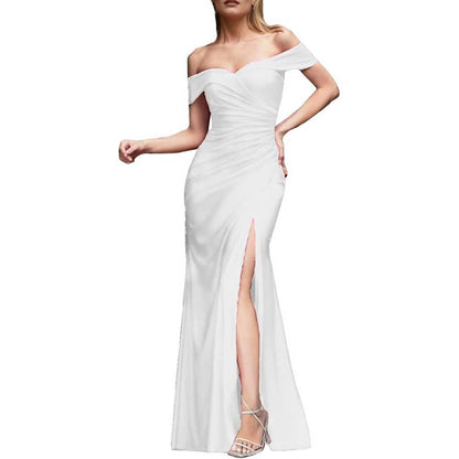 Off Shoulder Satin Bridesmaid Dresses Mermaid Prom Dress High Split Wedding Ball Gowns