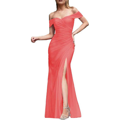 Off Shoulder Satin Bridesmaid Dresses Mermaid Prom Dress High Split Wedding Ball Gowns