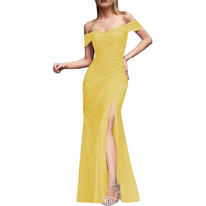 Off Shoulder Satin Bridesmaid Dresses Mermaid Prom Dress High Split Wedding Ball Gowns