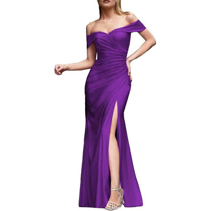 Off Shoulder Satin Bridesmaid Dresses Mermaid Prom Dress High Split Wedding Ball Gowns