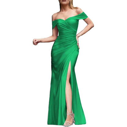 Off Shoulder Satin Bridesmaid Dresses Mermaid Prom Dress High Split Wedding Ball Gowns