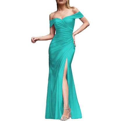 Off Shoulder Satin Bridesmaid Dresses Mermaid Prom Dress High Split Wedding Ball Gowns