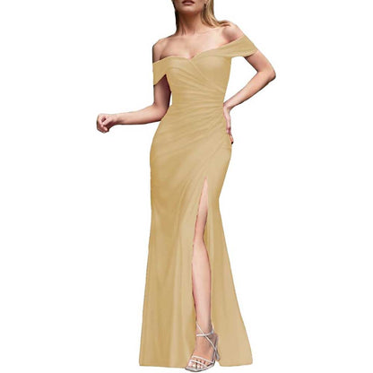 Off Shoulder Satin Bridesmaid Dresses Mermaid Prom Dress High Split Wedding Ball Gowns