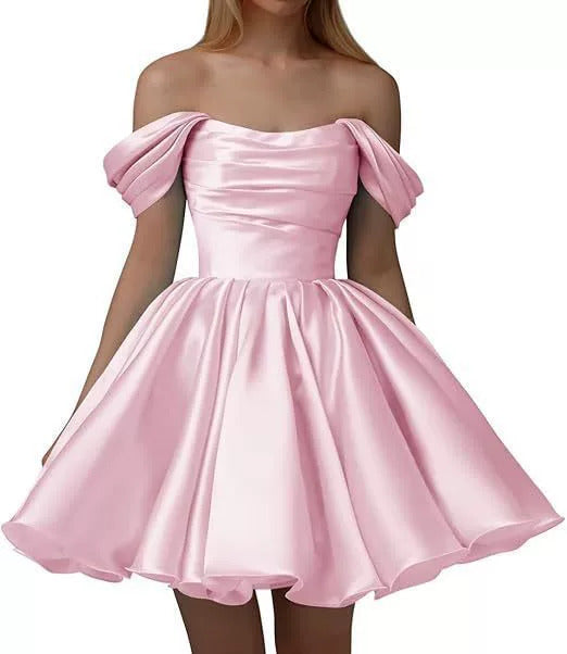 Home Coming Dress Off Shoulder Satin Cocktail Dress – Elegant Party & Prom Dress
